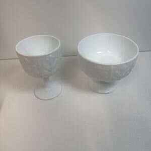 White Milk Glass Pedestal Bowl Goblet Footed Flower Vessel FTD 1978 Lot Of 2